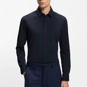 BOSS Performance Stretch Slim Fit Navy Button Down Shirt Cotton Blend Jersey 16